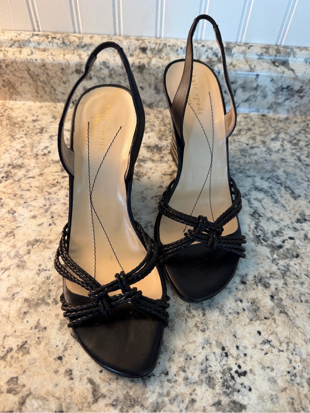 kate spade Black Striped Braided Wedge Sandals Ariel Made in Italy 🇮🇹 - Picture 3 of 9